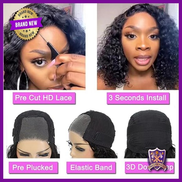 Glueless Human Hair Lace Front Wig 14 Inch Water Wave Bob 180 Density